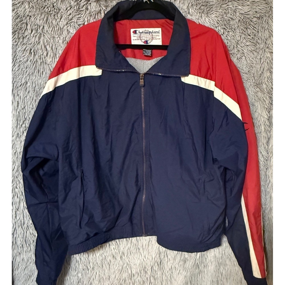 Vintage Champion Jacket XL Full Zip Red White‎ Blue Windbreaker Coat Retro
